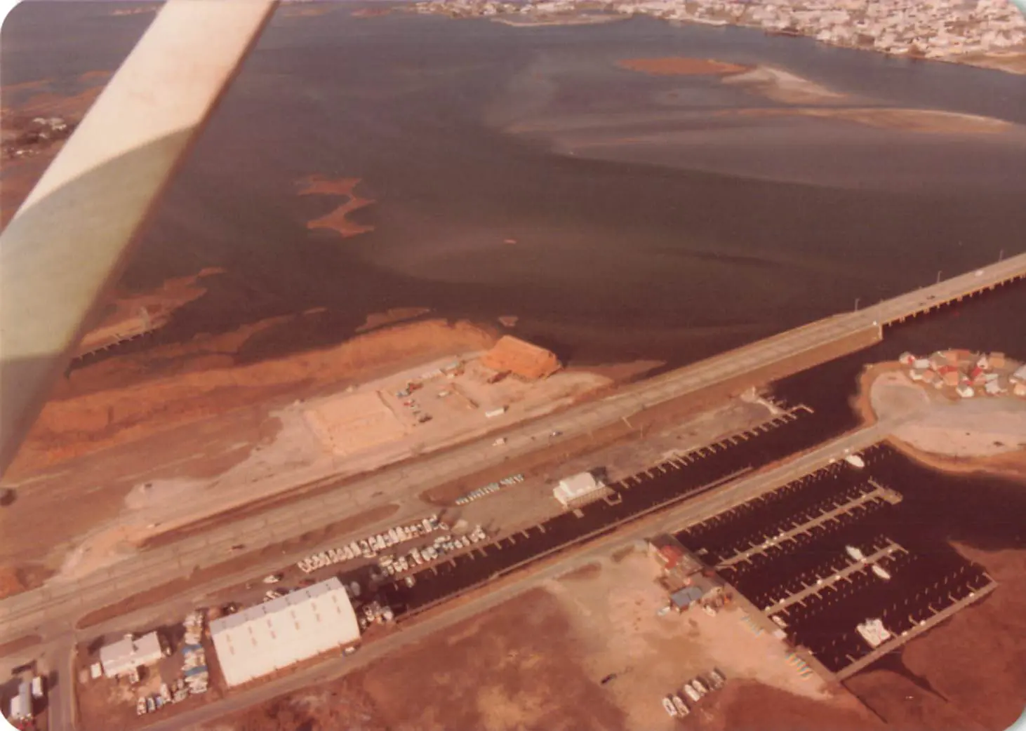 Vintage aerial photo of the original Hooper's Crab House and marina along the West Ocean City waterfront in the early 1980s